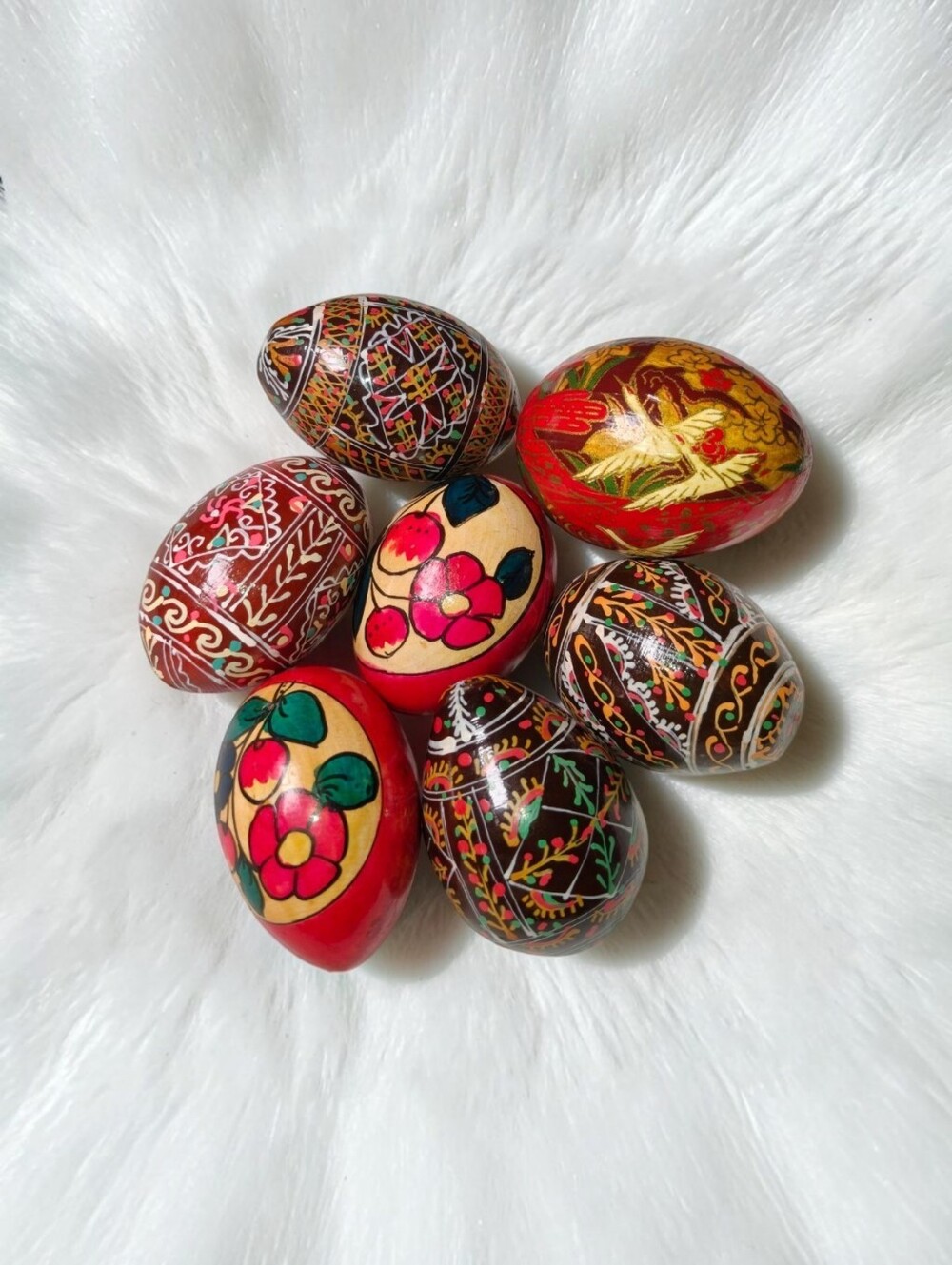 Vintage Hand-Painted Wooden Eggs Lot of 7 USSR Khokhloma Pysanky Folk Art